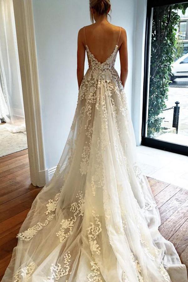 Ivory/White Sweetheart Spaghetti Straps Beach Wedding Dresse with Swee Musebridals Ivory/White Sweetheart Spaghetti Straps Beach Wedding Dresse with Swee Musebridals