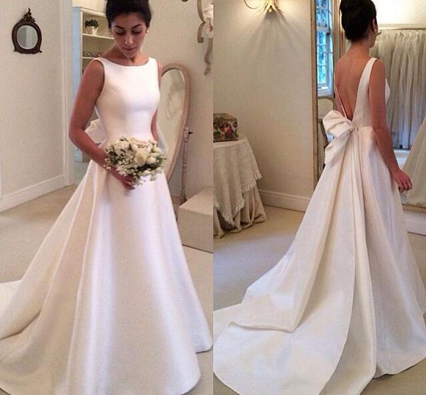 Satin Boat Neck Sleeveless Deep V Back Wedding Dresses With Sweep Train, MW112 Satin Boat Neck Sleeveless Deep V Back Wedding Dresses With Sweep Train, MW112