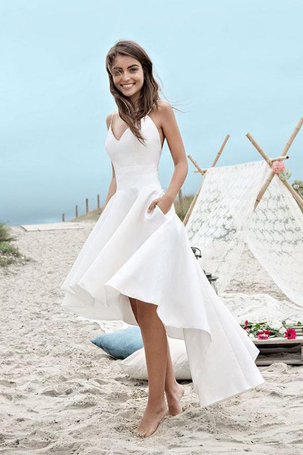 White High Low Sweetheart Spaghetti Straps Simple Beach Wedding Dresses, MW223 White High Low Sweetheart Spaghetti Straps Simple Beach Wedding Dresses, MW223
