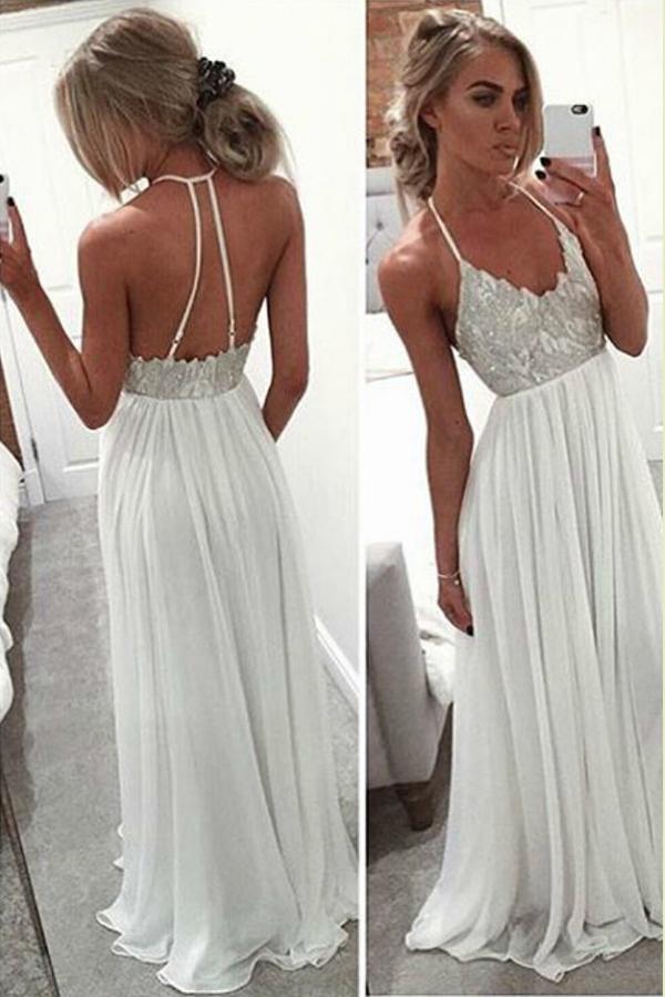 a-line v-neck champagne tulle prom dress with beading appliques White Halter Floor Length Beach Wedding Dresses, Beaded Cheap Prom Dress,  MP256