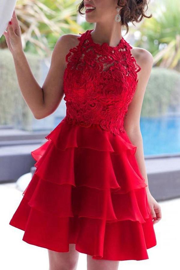 Red Lace Scoop Neck A-line Chiffon Tiered Homecoming Dress, Short