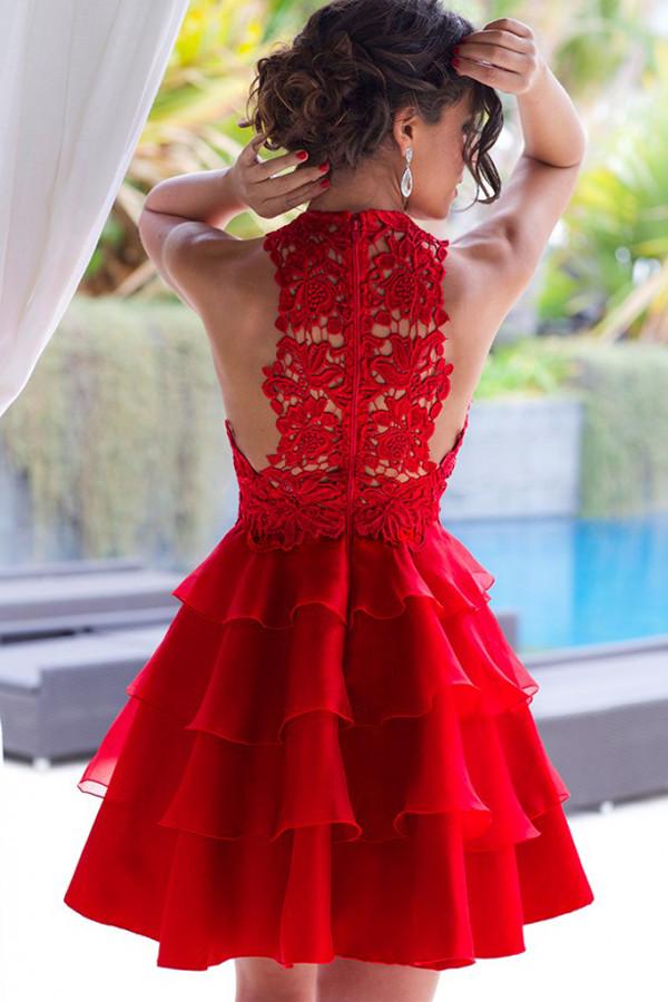 Red Lace Scoop Neck A-line Chiffon Tiered Homecoming Dress, Short Prom Dresses, MH304