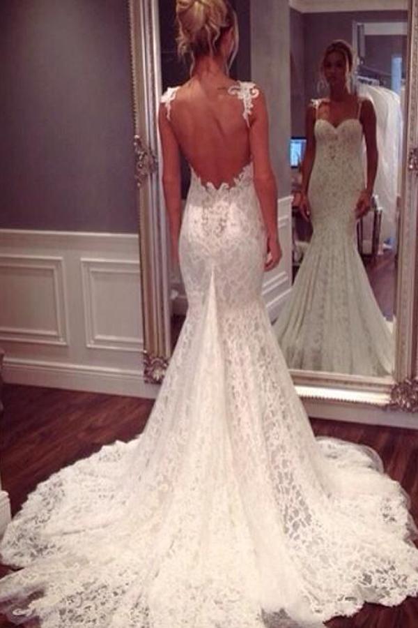 Modest Lace Spaghetti Straps Mermaid Wedding Dresses, Summer Wedding Gowns, MW184