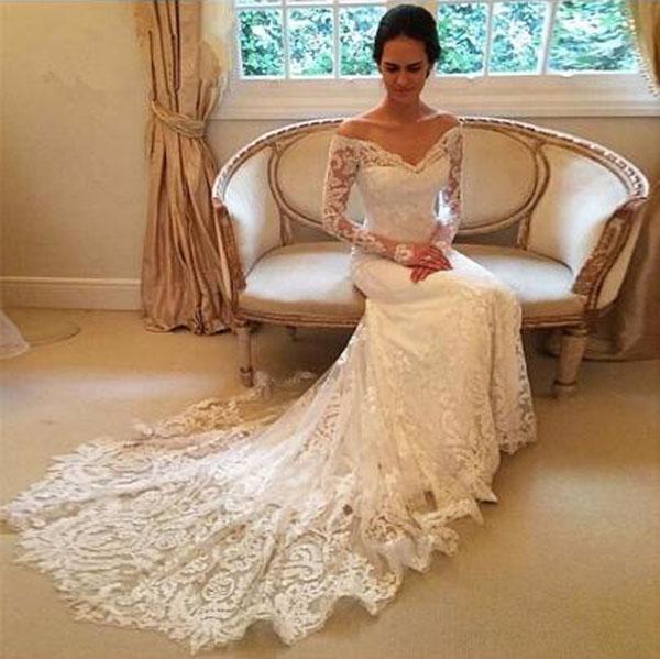 White Long Sleeves Off Shoulder Lace Sweep Train Wedding Dresses, MW236 Musebridals White Long Sleeves Off Shoulder Lace Sweep Train Wedding Dresses, MW236 Musebridals