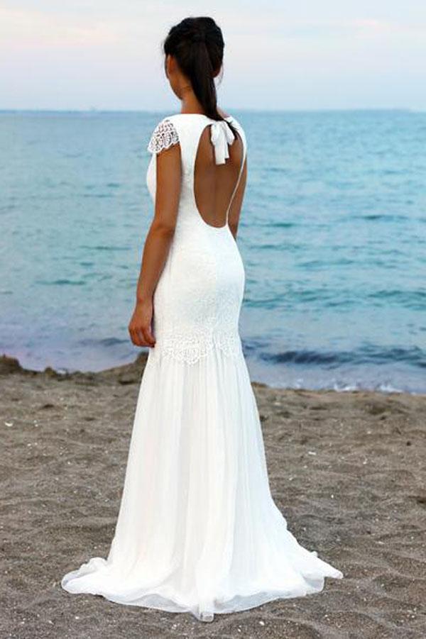 White Cap Sleeves Scoop Neck Open Back Lace Beach Wedding Dresses, MW199 Musebridals White Cap Sleeves Scoop Neck Open Back Lace Beach Wedding Dresses, MW199 Musebridals