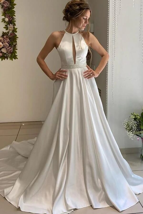 Satin A-line Halter Backless Wedding Dress, Bridal Gown With Beaded Belt, MW713 Satin A-line Halter Backless Wedding Dress, Bridal Gown With Beaded Belt, MW713