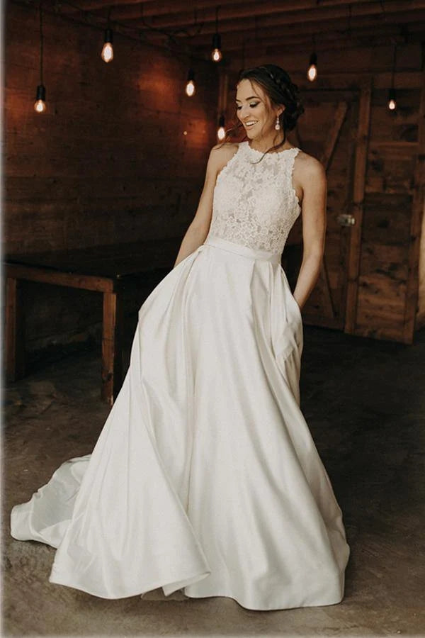 Satin A-line Halter Lace Wedding Dress With Train MW778 | Musebridals Satin A-line Halter Lace Wedding Dress With Train MW778 | Musebridals