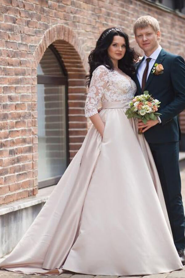 Satin A-line Illusion Long Sleeves Wedding Dresses With Lace Appliques, MW640 Satin A-line Illusion Long Sleeves Wedding Dresses With Lace Appliques, MW640