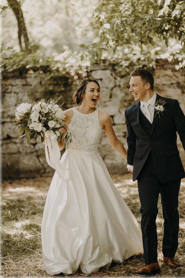 Satin A-line Lace Illusion Halter Neck Wedding Dresses With Sweep Train, MW611 Satin A-line Lace Illusion Halter Neck Wedding Dresses With Sweep Train, MW611