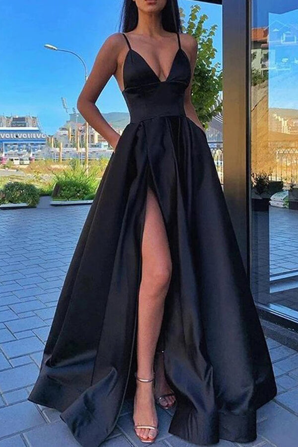 Satin A-line V-neck Spaghetti Straps Long Prom Dresses With High Split, MP648 Satin A-line V-neck Spaghetti Straps Long Prom Dresses With High Split, MP648