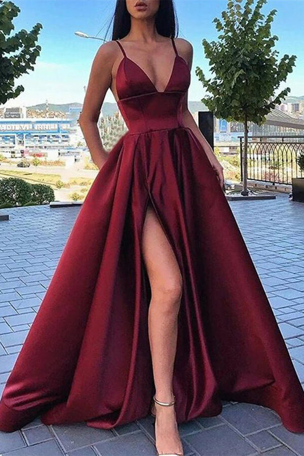 Satin A-line V-neck Spaghetti Straps Long Prom Dresses With High Split,  MP648