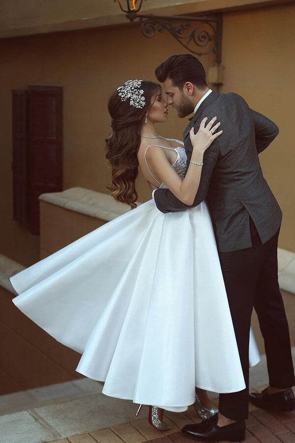 Satin A-line V-neck Spaghetti Straps Short Wedding Dresses with Appliques, MW514 Satin A-line V-neck Spaghetti Straps Short Wedding Dresses with Appliques, MW514