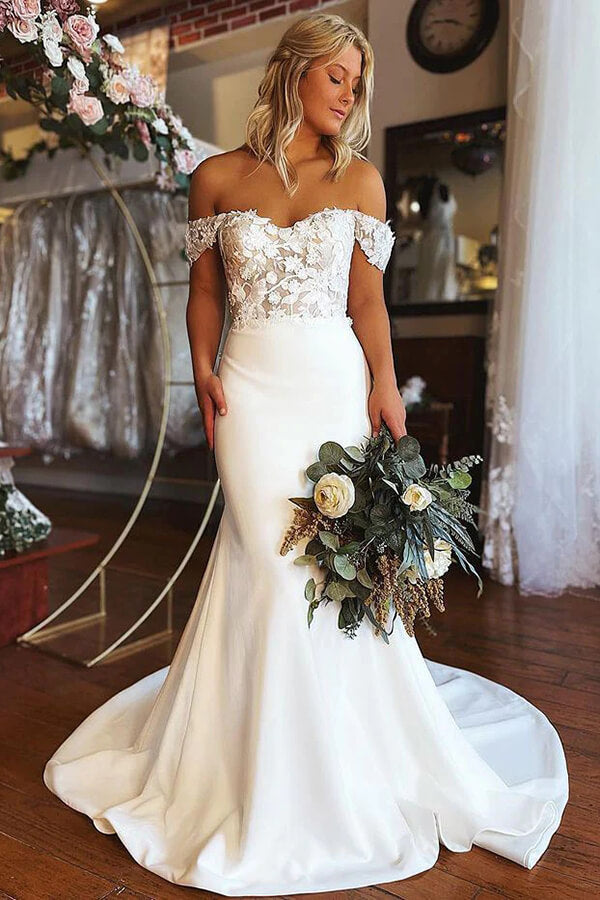 Satin Lace Mermaid Off-the-shoulder Wedding Dresses, Wedding Gowns, MW754 Satin Lace Mermaid Off-the-shoulder Wedding Dresses, Wedding Gowns, MW754