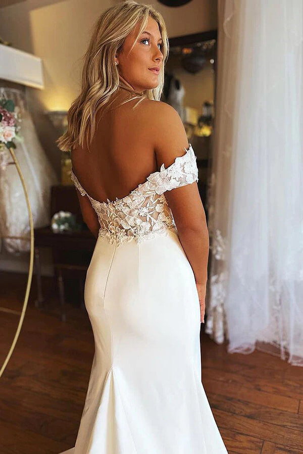 Satin Lace Mermaid Off-the-shoulder Wedding Dresses, Wedding Gowns, MW754