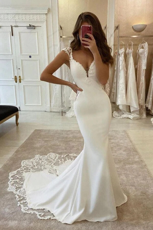 Satin Mermaid Lace V-neck Cap Sleeve Wedding Dress MW703 | Musebridals Satin Mermaid Lace V-neck Cap Sleeve Wedding Dress MW703 | Musebridals