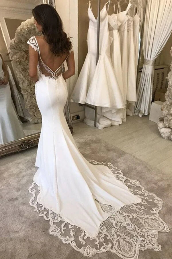Satin Mermaid Lace V-neck Cap Sleeves Wedding Dresses With Appliques, MW703 Satin Mermaid Lace V-neck Cap Sleeves Wedding Dresses With Appliques, MW703