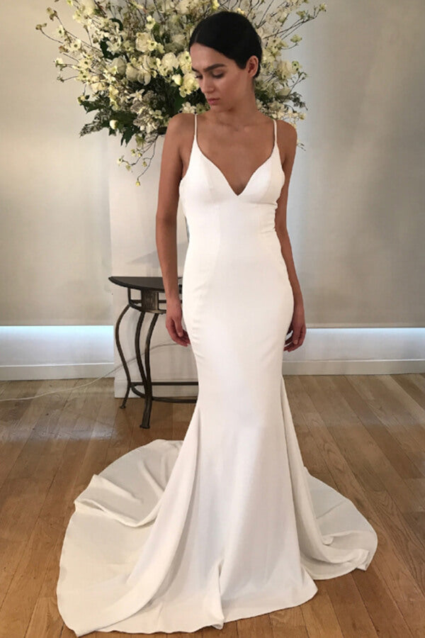 Satin Mermaid Spaghetti Straps V-neck Wedding Dresses with Train, MW670 Satin Mermaid Spaghetti Straps V-neck Wedding Dresses with Train, MW670
