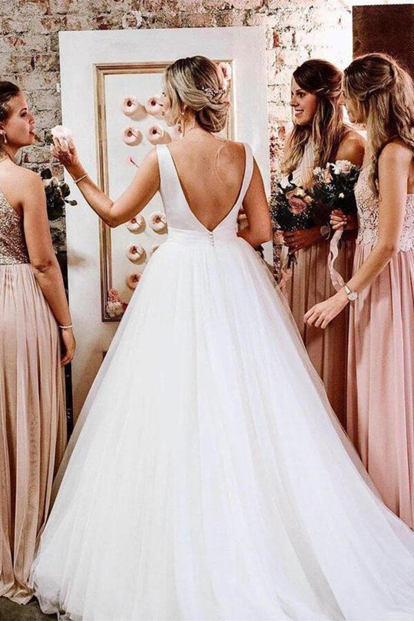 Satin Tulle A-Line Bateau Wedding Dress With Bow, MW554 Musebridals