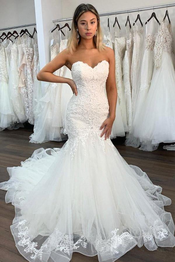 Sexy Lace Mermaid Sweetheart Wedding Dress With Ruffles, Bridal Gown, MW748