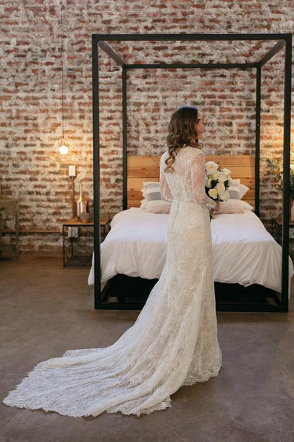 Sheath Lace Long Sleeves Beaded Wedding Dresses, Vintage Bridal Gown, MW813 Sheath Lace Long Sleeves Beaded Wedding Dresses, Vintage Bridal Gown, MW813