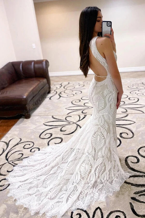 Sheath Open Back Lace Wedding Dresses With Train MW738 | Musebridals Sheath Open Back Lace Wedding Dresses With Train MW738 | Musebridals