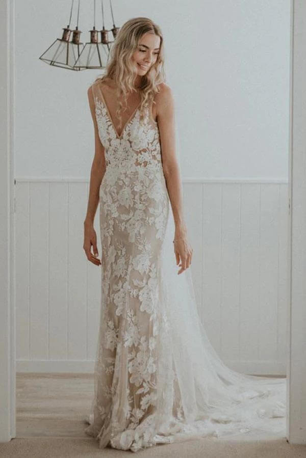 Sheath V-neck Lace Wedding dresses With Chapel Train, Wedding Gowns, MW793 Sheath V-neck Lace Wedding dresses With Chapel Train, Wedding Gowns, MW793