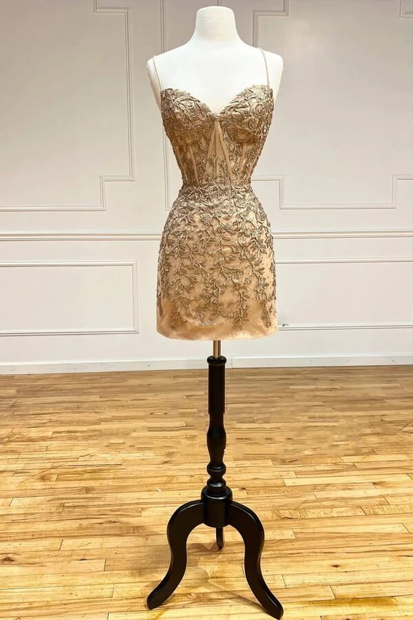 Red Sheath V-neck Spaghetti Straps Lace Tight Mini Homecoming Dresses, MH584 | gold homecoming dresses | short homecoming dresses online | mini homecoming dress | musebridals.com