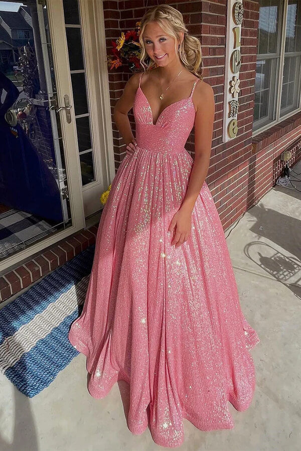 Shiny A-line Spaghetti Straps V Neck Prom Dresses MP811 | Musebridals Shiny A-line Spaghetti Straps V Neck Prom Dresses MP811 | Musebridals