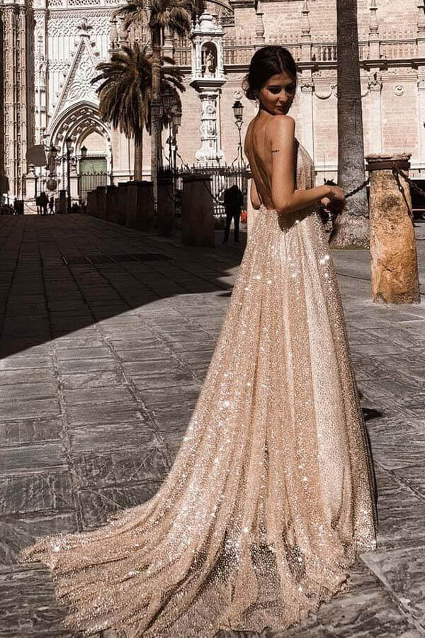 Shiny A-line Spaghetti Straps Long Prom Dresses MP631