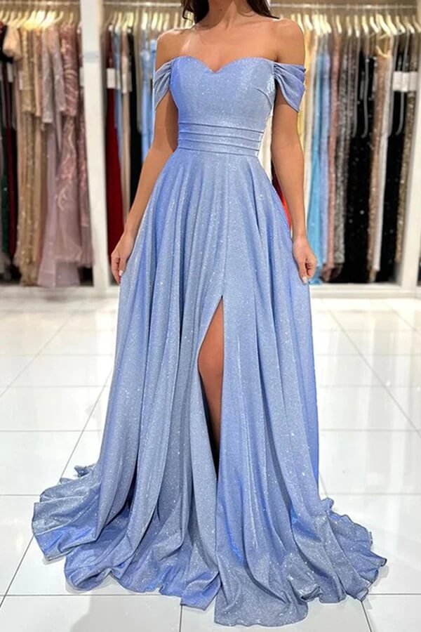 Shiny Blue A-line Off-the-Shoulder Long Prom Dress MP763 | Musebridals Shiny Blue A-line Off-the-Shoulder Long Prom Dress MP763 | Musebridals