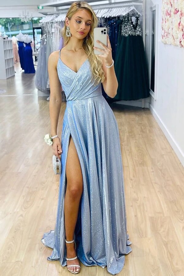 Shiny Blue A-line V-neck Prom Dresses with Slit, MP682 | Musebridals Shiny Blue A-line V-neck Prom Dresses with Slit, MP682 | Musebridals