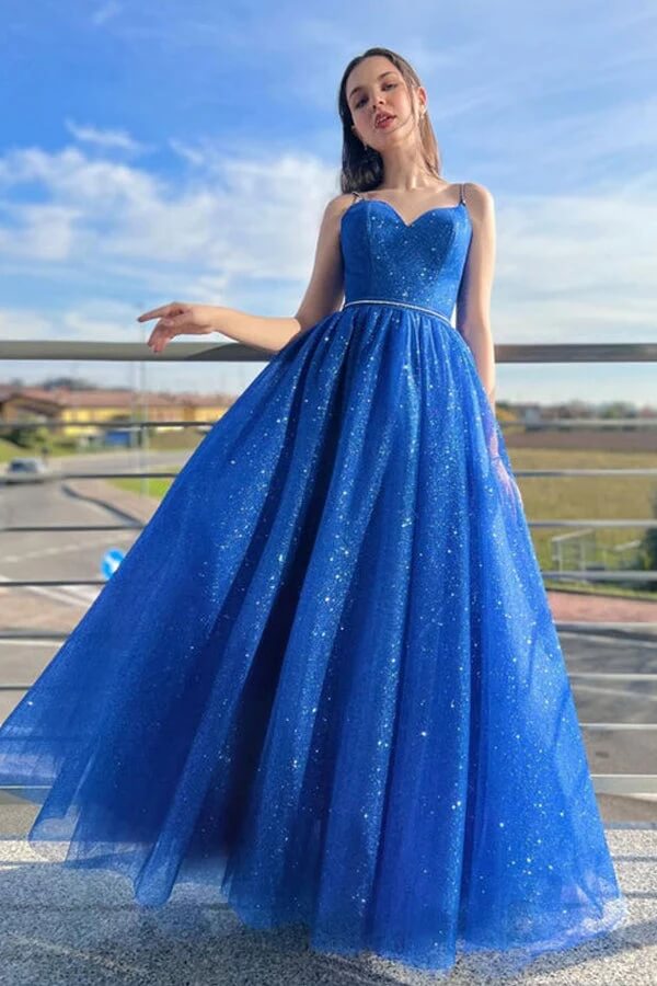 Shiny Blue Tulle A-line V-neck Long Formal Dresses, Simple Prom Dresses, MP798