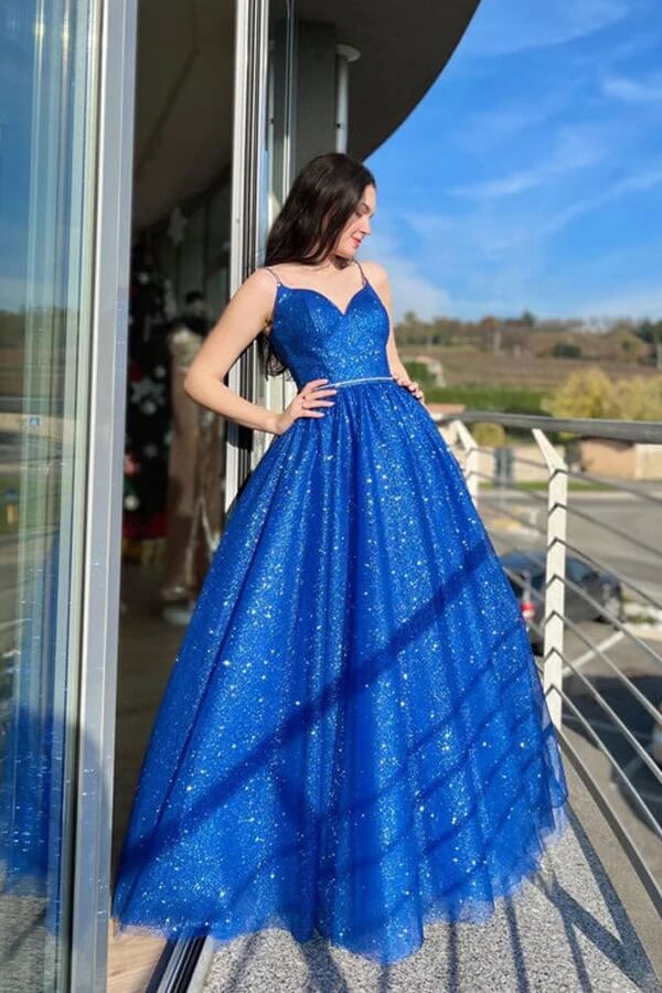 Shiny Blue Tulle A-line V-neck Long Formal Dresses MP798 | Musebridals Shiny Blue Tulle A-line V-neck Long Formal Dresses MP798 | Musebridals