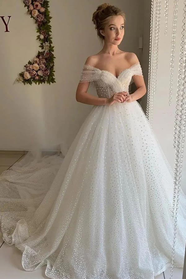 Shiny Ivory A-line Off Shoulder Wedding Dresses MW849 | Musebridals Shiny Ivory A-line Off Shoulder Wedding Dresses MW849 | Musebridals
