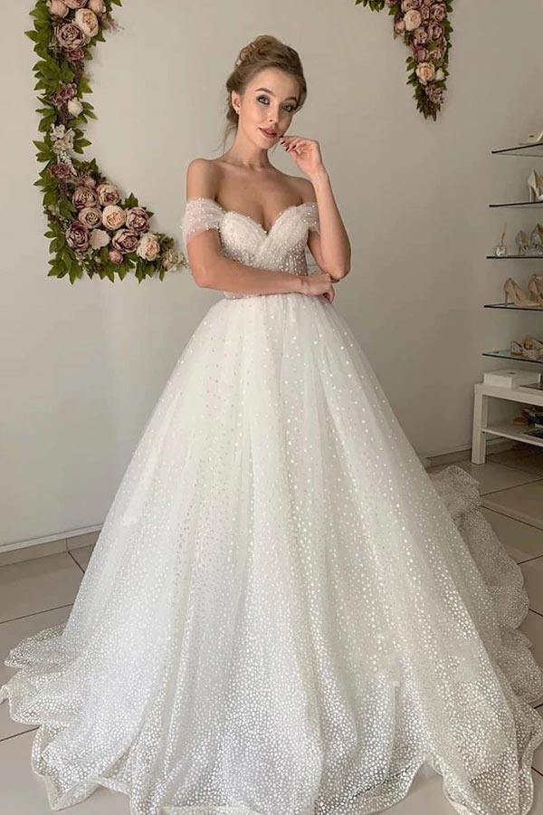 Shiny Ivory Tulle A-line Off Shoulder Wedding Dresses, Bridal Gowns, MW849 Shiny Ivory Tulle A-line Off Shoulder Wedding Dresses, Bridal Gowns, MW849