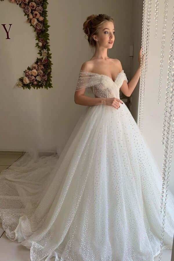 Shiny Ivory Tulle A-line Off Shoulder Wedding Dresses, Bridal Gowns, MW849 Shiny Ivory Tulle A-line Off Shoulder Wedding Dresses, Bridal Gowns, MW849