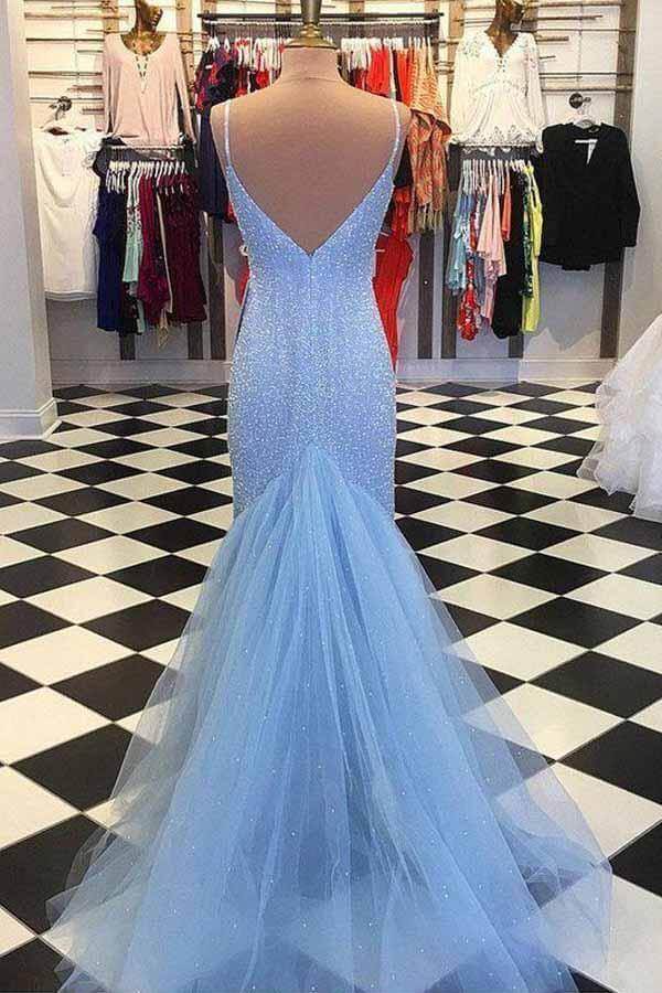 Shiny Light Blue Mermaid Beaded Backless Prom Dresses, Evening Dress, MP641