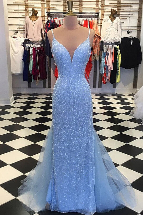 Shiny Light Blue Mermaid Beaded Backless Prom Dresses, Evening Dress, MP641