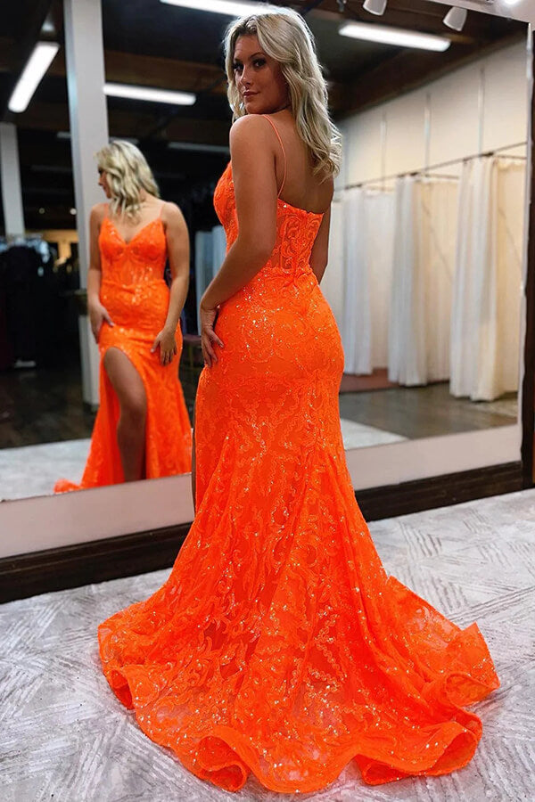 Long Orange Elegant Dresses Orange Sequin Plunging Halter Neck