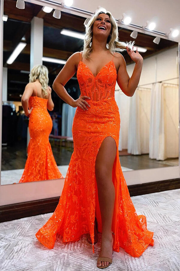 Shiny Orange Mermaid V-neck Lace Prom Dresses With Slit, Party Dress, MP808