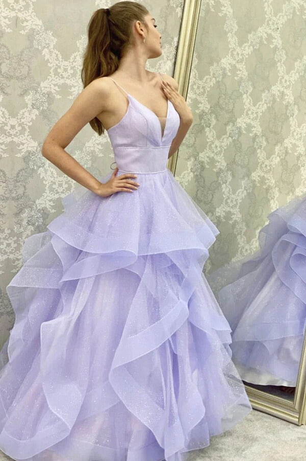 Shiny Purple Tulle A-line V-neck Prom Dress, Spaghetti Straps Evening Gown, MP697 | purple prom dresses | evening dresses | prom dresses online | www.musebridals.com