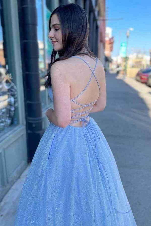 Shiny Tulle A-line Spaghetti Straps Prom Dresses MP664