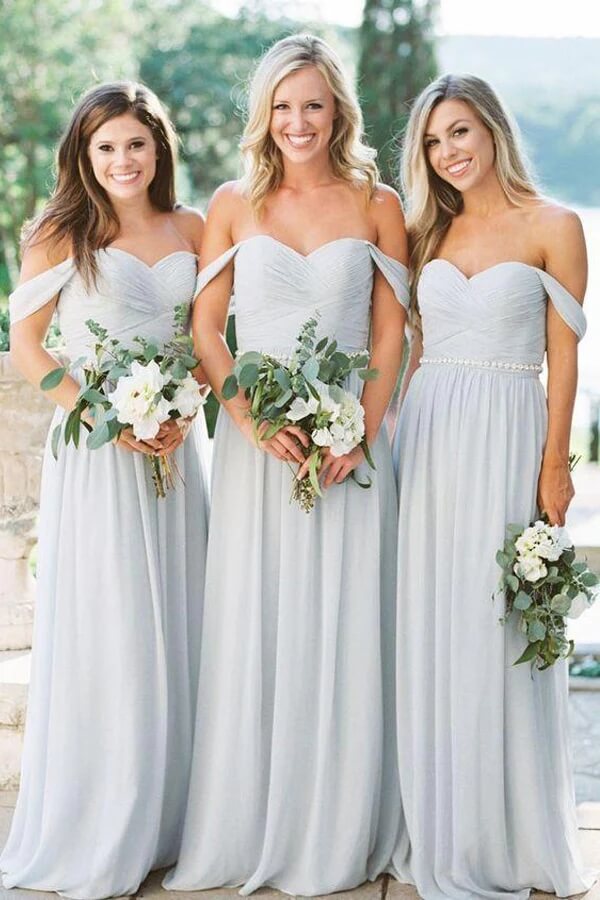 Silver Chiffon A-line Off Shoulder Bridesmaid Dresses, Wedding Party Dress, MBD171 Silver Chiffon A-line Off Shoulder Bridesmaid Dresses, Wedding Party Dress, MBD171