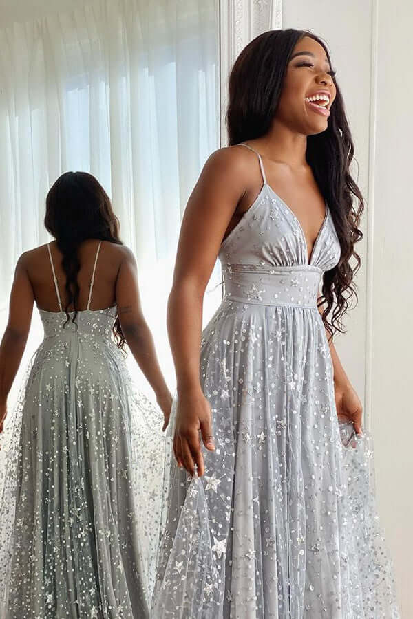 Silver Tulle A-line Spaghetti Straps Long Prom Dresses With Side Split, MP789 Silver Tulle A-line Spaghetti Straps Long Prom Dresses With Side Split, MP789