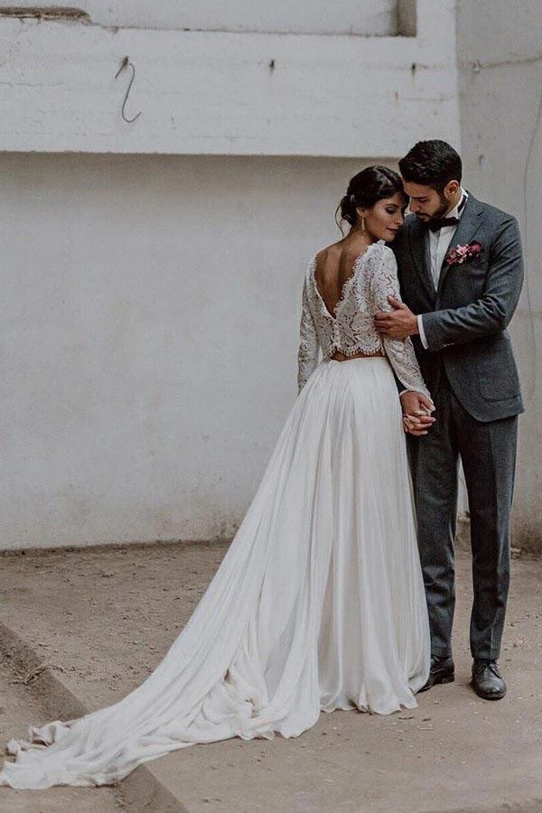 Simple A-line Two-piece Bateau Long Sleeves Lace Wedding Dresses, MW560 Simple A-line Two-piece Bateau Long Sleeves Lace Wedding Dresses, MW560