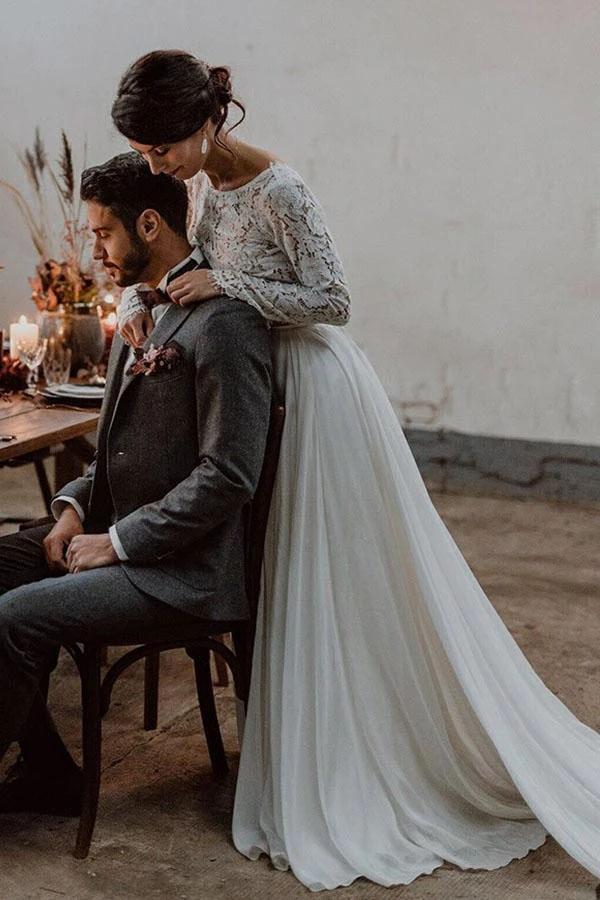 Simple A-line Two-piece Bateau Long Sleeves Lace Wedding Dresses, MW560 Simple A-line Two-piece Bateau Long Sleeves Lace Wedding Dresses, MW560