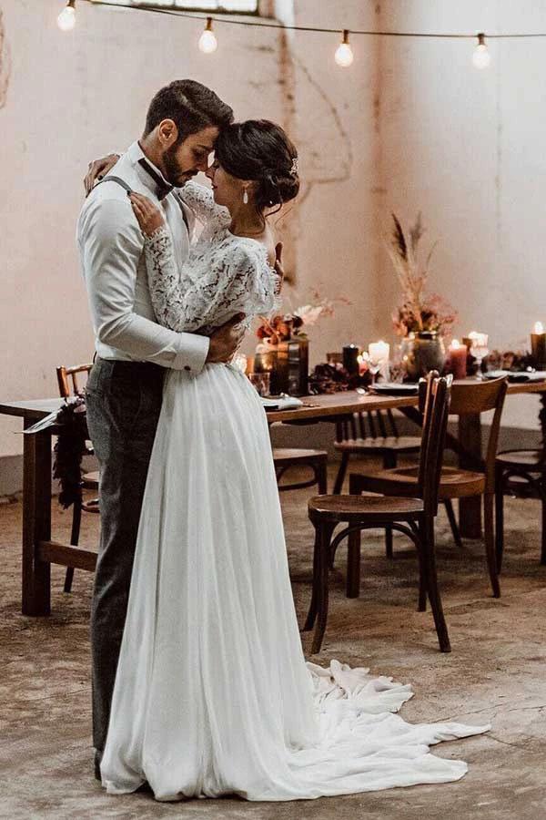fitted lace wedding dress Simple A-line Two-piece Bateau Long Sleeves Lace Wedding Dresses, MW560