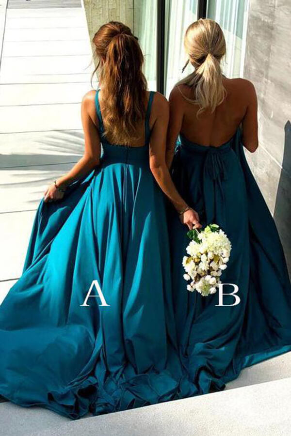 Simple Blue A line V neck Long Bridesmaid Dresses With High Slit MBD143