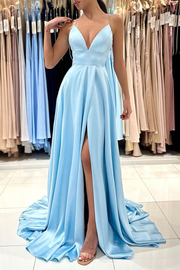 Simple Blue Satin A-line V-neck Long Prom Dresses MP785 | Musebridals Simple Blue Satin A-line V-neck Long Prom Dresses MP785 | Musebridals