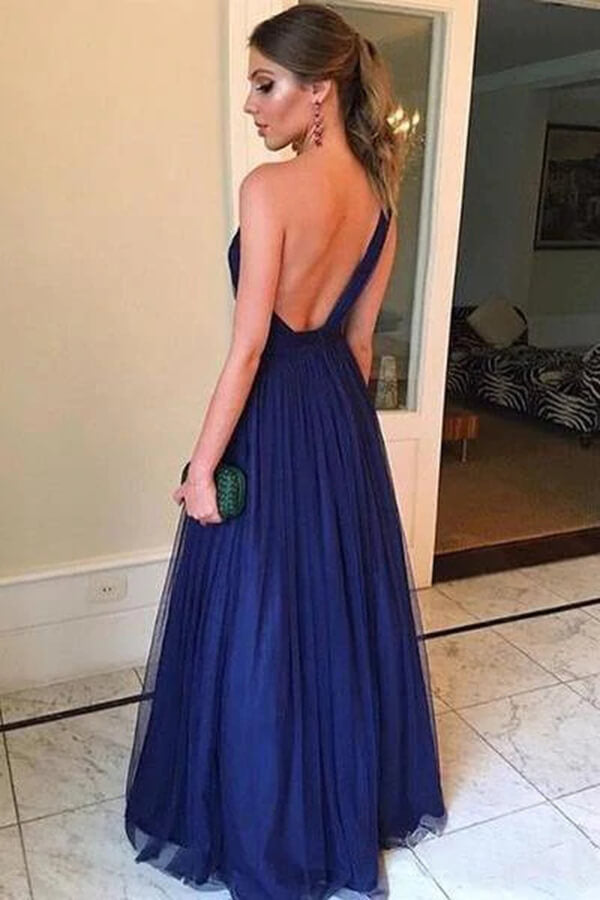 Simple Blue Tulle A-line One Shoulder Long Prom Dresses, Evening Gown, MP685 | a line prom dresses | one shoulder prom dress | simple prom dresses | www.musebridals.com
